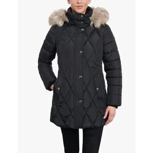 NEW London Fog Women's XL Down Diamond Quilted Coat with Zip Off Fur Trim Hood